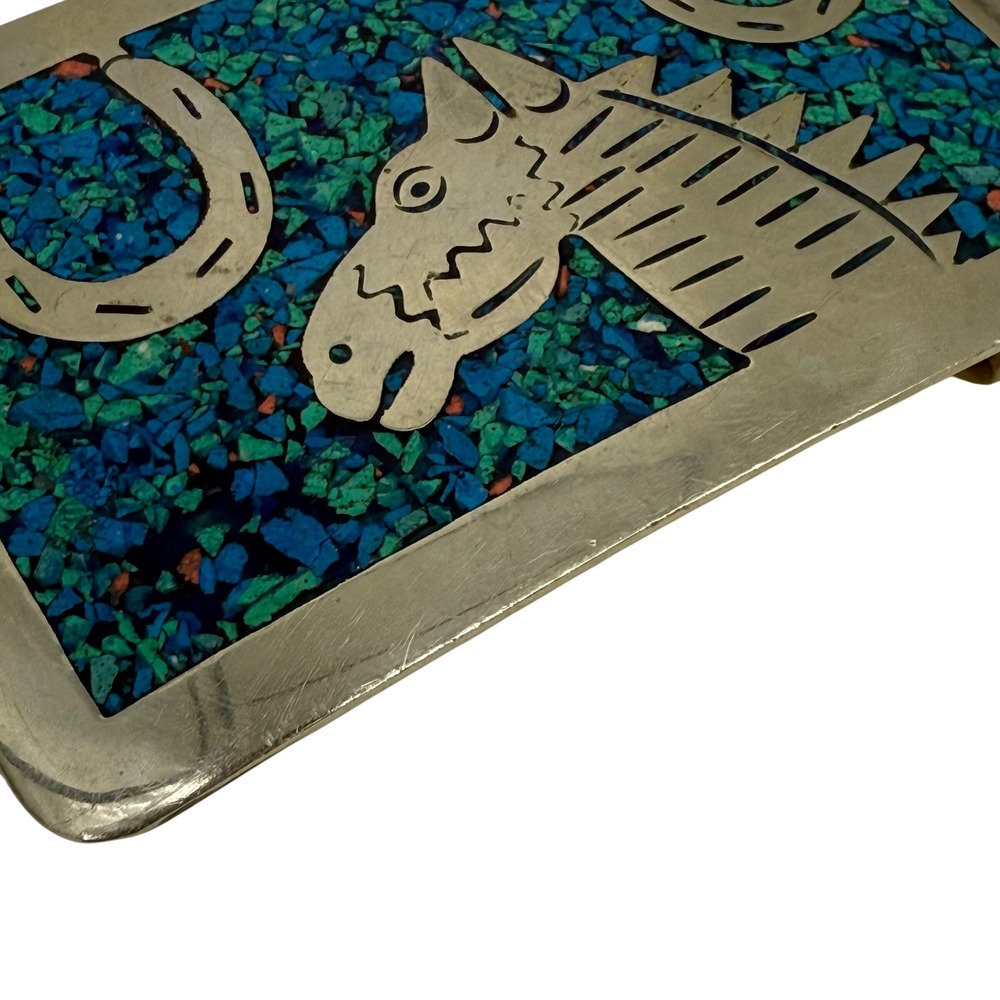 Vintage Western Belt Buckle Horse & Horseshoe Turquoise Inlay Metal - Picture 2 of 3